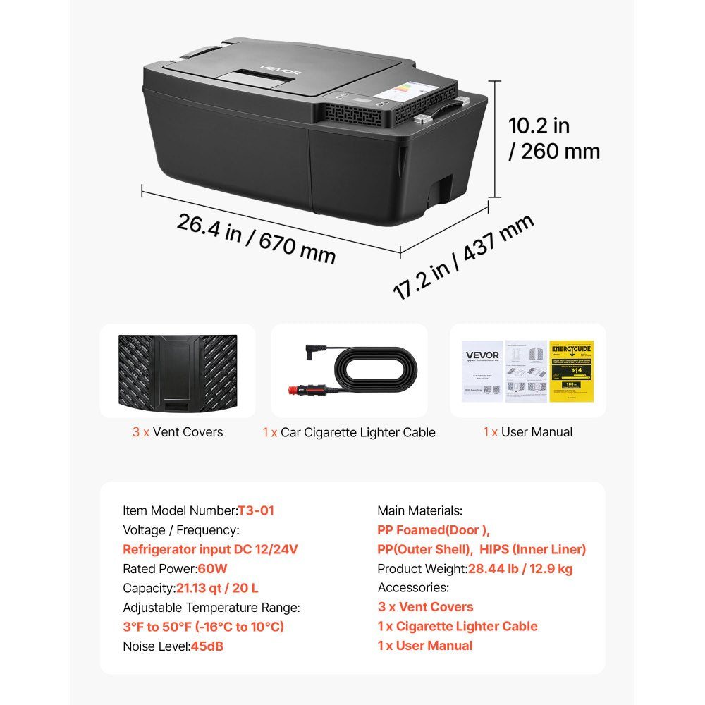 VEVOR 12 Volt Refrigerator, 21.1 QT/ 20L Car Fridge for Tesla Model 3, Portable Electric Freezer Compressor with APP Control, 12V/24V DC, 3℉ to 50℉