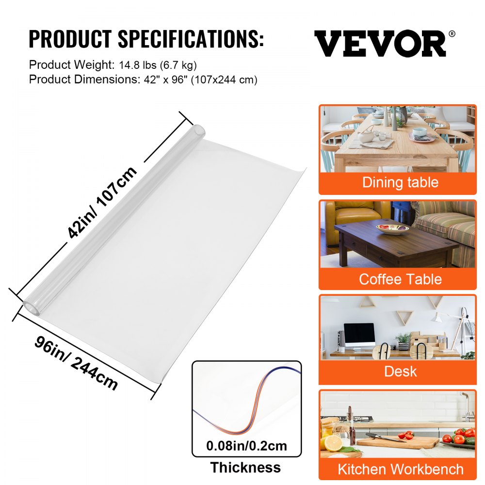 VEVOR Plastic Table Cover, 42"x96"x0.08", Transparent PVC Table Protector, Rectangle Clear Desk Mat, Water Oil Proof Table Cover for Dining Table Coffer Table Kitchen Worktable Dresser Cabinet, etc.