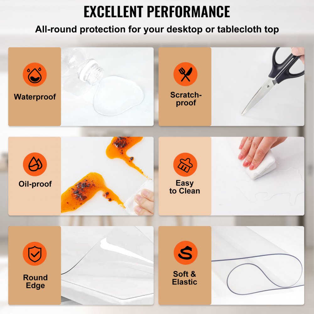 VEVOR Plastic Table Cover, 46"x96"x0.08", Transparent PVC Table Protector, Rectangle Clear Desk Mat, Water Oil Proof Table Cover for Dining Table Coffer Table Kitchen Worktable Dresser Cabinet, etc.