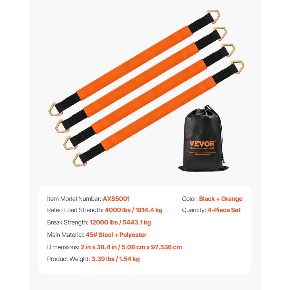 VEVOR Axle Straps, 2 in x 3.2 ft Heavy Duty Axle Tie Down Straps, 12000 lbs Break Strength Axle Tie Down Straps with D Rings, 4 Pack Heavy Duty Axle Straps, for Car, Trailer, Truck, Towing & Hauling
