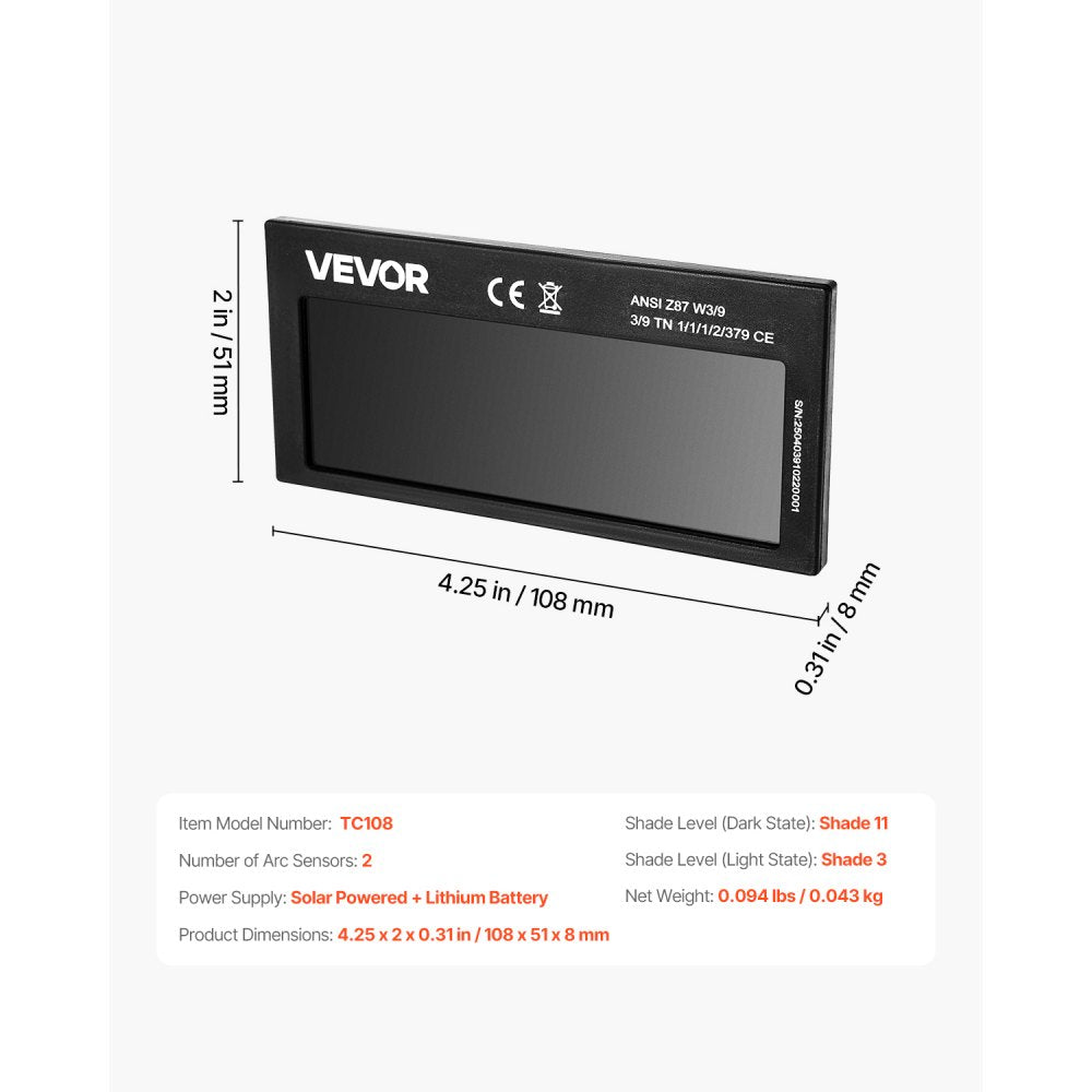 VEVOR Auto Darkening Welding Lens 4.25" x 2", Shade 11 True Color Welding Lens with Dual Arc Sensors & Gold Coating, Compatible with Most Welding Helmets for TIG, MIG, MMA, ARC Applications