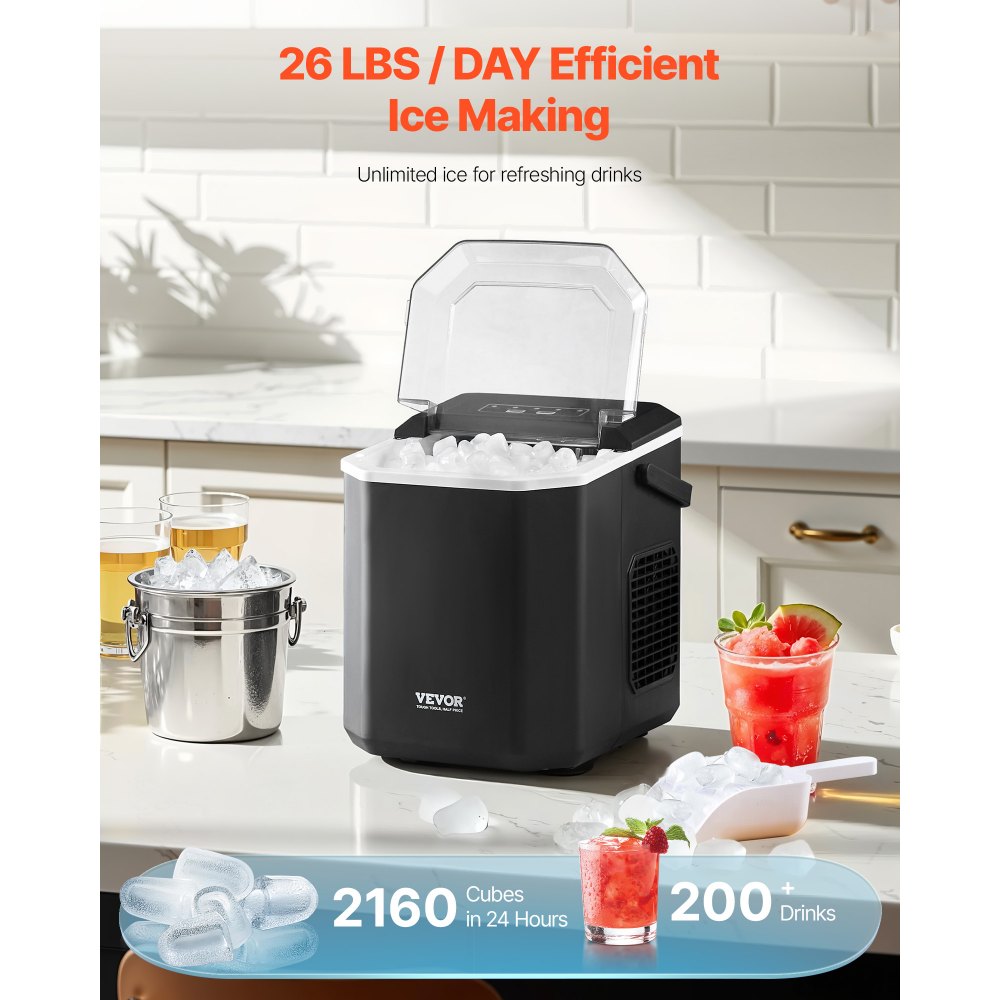 VEVOR Countertop Ice Maker, 9 Cubes Ready in 6 Mins, 26lbs in 24Hrs, Self-Cleaning Portable Ice Maker with Ice Scoop and Basket, Ice Machine with 2 Sizes Bullet Ice for Home Kitchen Office Bar Party