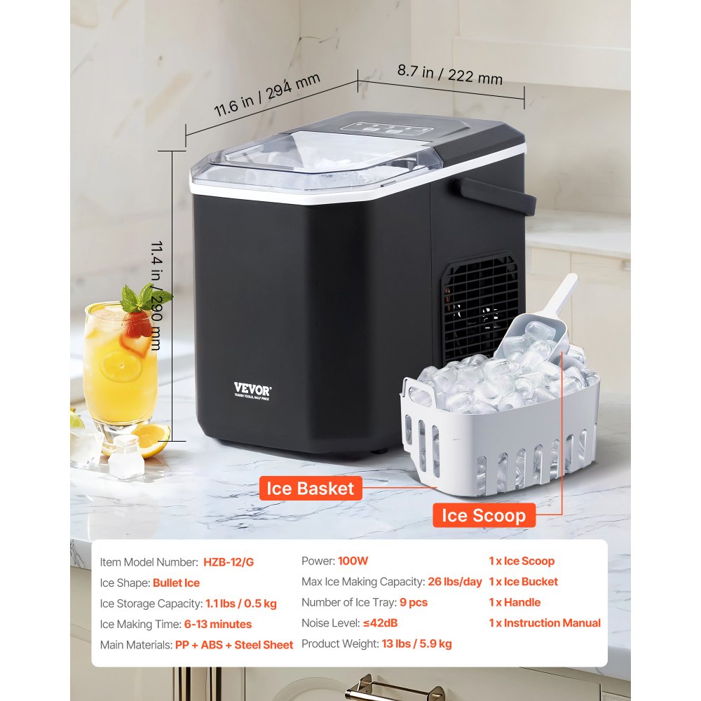 VEVOR Countertop Ice Maker, 9 Cubes Ready in 6 Mins, 26lbs in 24Hrs, Self-Cleaning Portable Ice Maker with Ice Scoop and Basket, Ice Machine with 2 Sizes Bullet Ice for Home Kitchen Office Bar Party