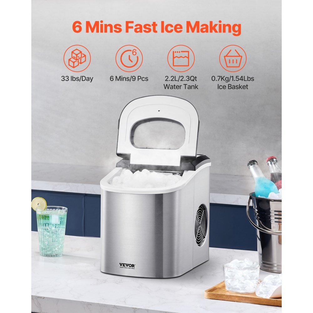VEVOR Countertop Ice Maker, 9 Cubes Ready in 6 Mins, 33lbs in 24Hrs, Self-Cleaning Portable Ice Maker with Ice Scoop and Basket, Ice Machine with 2 Sizes Bullet Ice for Home Kitchen Office Bar Party