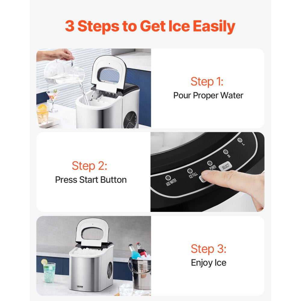 VEVOR Countertop Ice Maker, 9 Cubes Ready in 6 Mins, 33lbs in 24Hrs, Self-Cleaning Portable Ice Maker with Ice Scoop and Basket, Ice Machine with 2 Sizes Bullet Ice for Home Kitchen Office Bar Party
