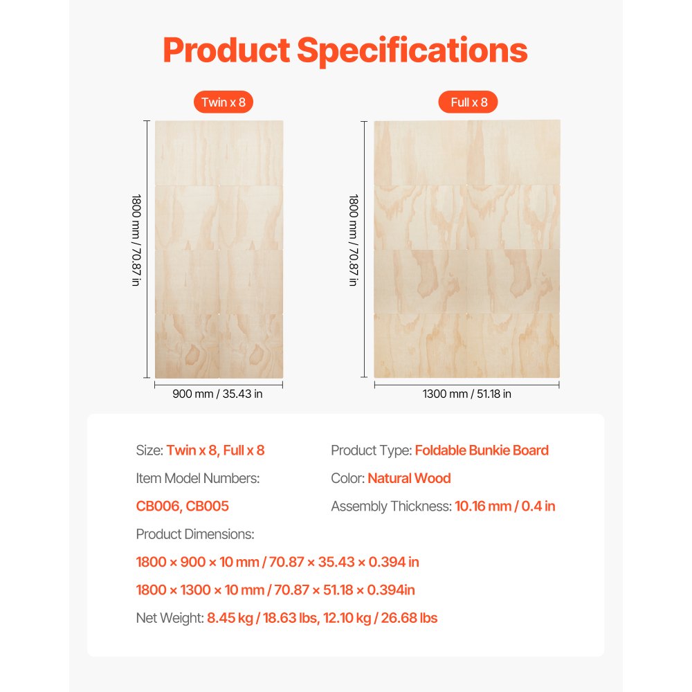 VEVOR Full Size Bunkie Board, 0.4 in Foldable Bed Board Slats with Connection, Wooden Mattress Support for Full Size Bed, Support under Mattress Boards, Ready to Use, 8 Piece, Burlywood