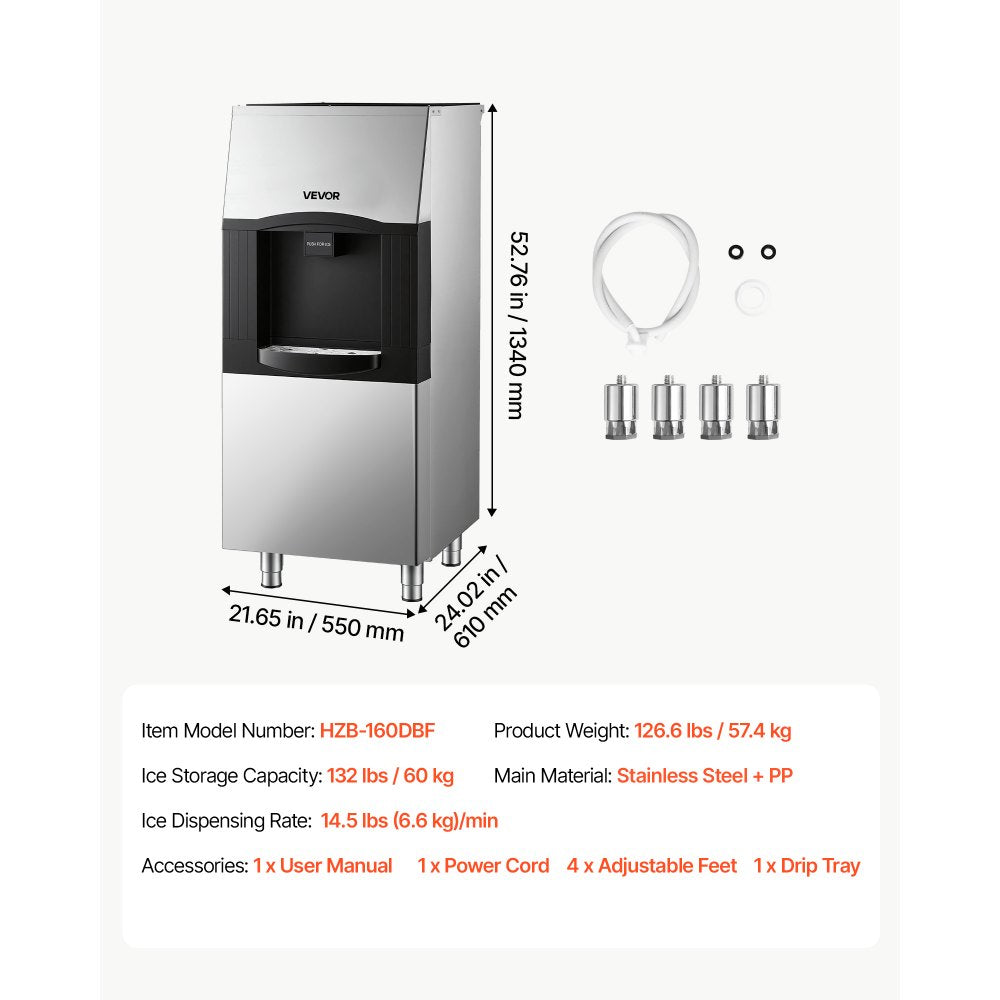 VEVOR Commercial Ice Dispenser, 132 lb Storage, 14.5 lb/6.6 kg per min, for Restaurants & Hotels, Ice Storage Bin with Automatic Dispensing & Height-Adjustable Feet, Ice Maker Head Sold Separately