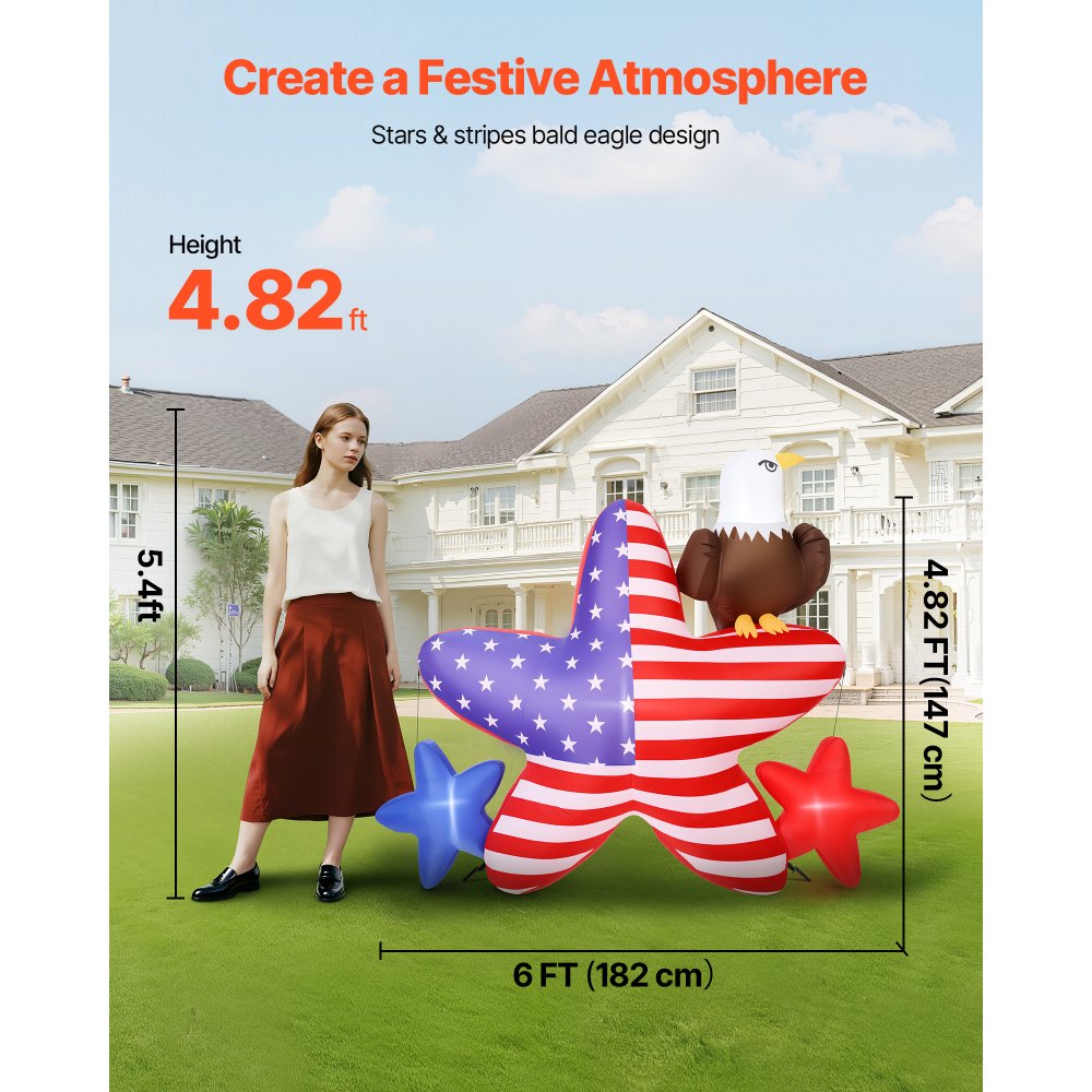 VEVOR 4.82 ft Patriotic Inflatable Decoration, Fourth of July Blow Up Inflatable Independence Day Decoration, Five-pointed Star & Eagle with Built-in LED Lights for Holiday Indoor Outdoor Yard Decor
