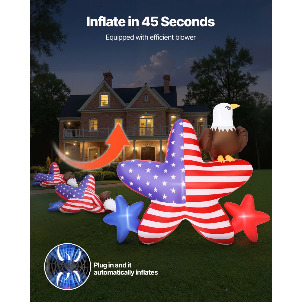 VEVOR 4.82 ft Patriotic Inflatable Decoration, Fourth of July Blow Up Inflatable Independence Day Decoration, Five-pointed Star & Eagle with Built-in LED Lights for Holiday Indoor Outdoor Yard Decor