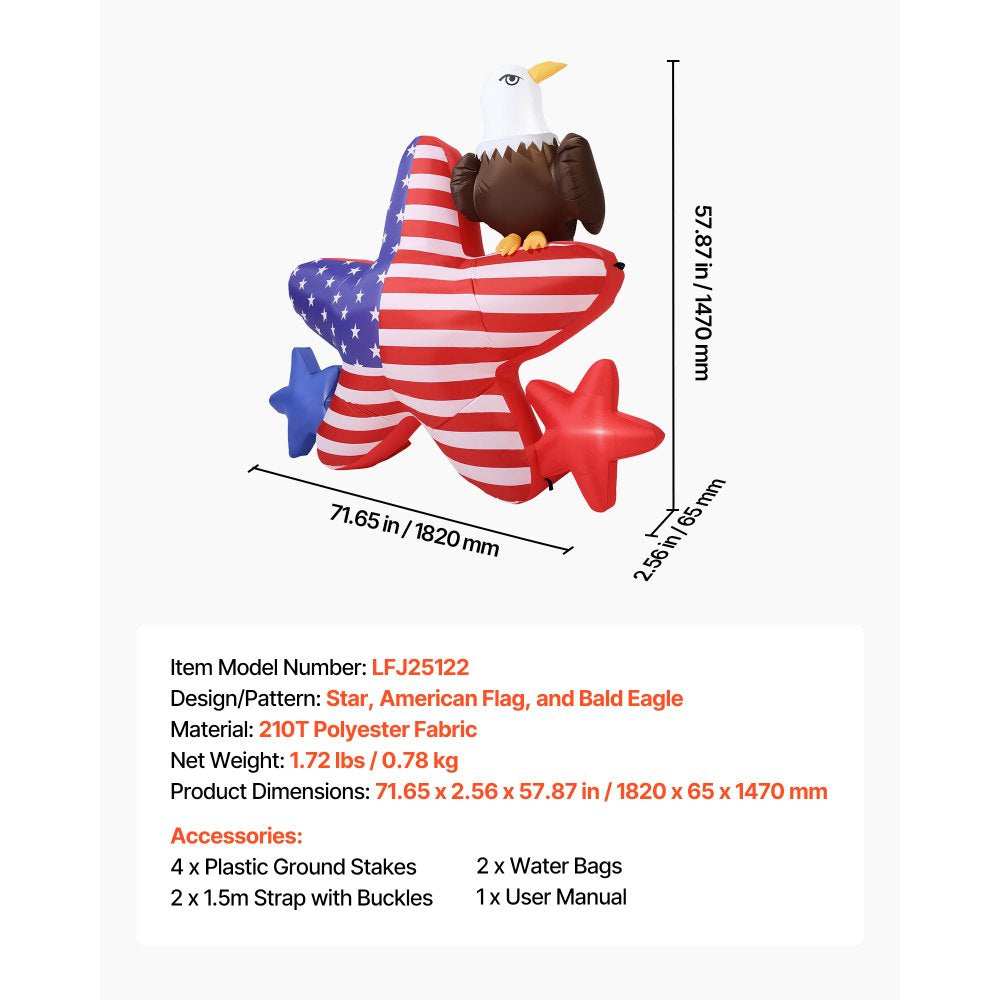 VEVOR 4.82 ft Patriotic Inflatable Decoration, Fourth of July Blow Up Inflatable Independence Day Decoration, Five-pointed Star & Eagle with Built-in LED Lights for Holiday Indoor Outdoor Yard Decor