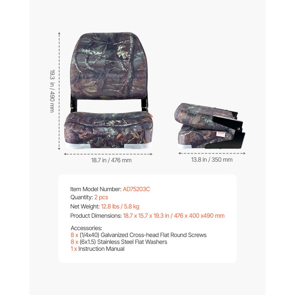 VEVOR Boat Seat, Low Backrest, Folding Fishing Boat Seat with Thickened Sponge Cushion & PU Polyester Fabric, Strong PP Frame, Flip Up Boat Seat for Boats, Yachts, Ships, Camouflage Color (2 Seats)