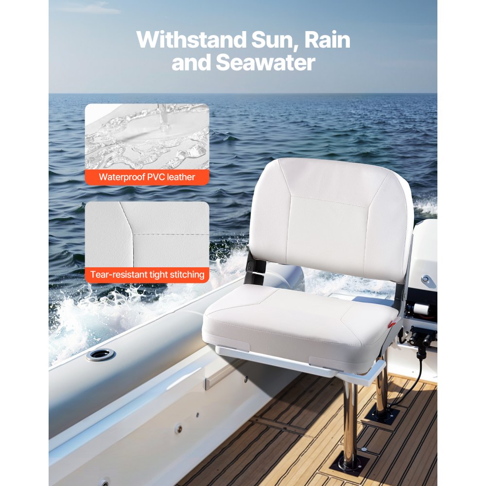 VEVOR Boat Seat, Low Backrest, Folding Fishing Boat Seat with Thickened Sponge Cushion & Waterproof PVC Leather, Aluminum Alloy Hinges, Flip Up Boat Seat for Fishing Boats, Yachts, Ships, White