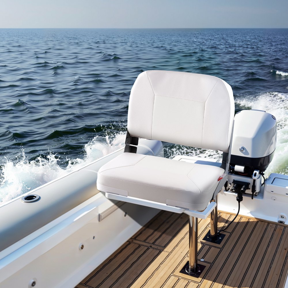 VEVOR Boat Seat, Low Backrest, Folding Fishing Boat Seat with Thickened Sponge Cushion & Waterproof PVC Leather, Aluminum Alloy Hinges, Flip Up Boat Seat for Fishing Boats, Yachts, Ships, White