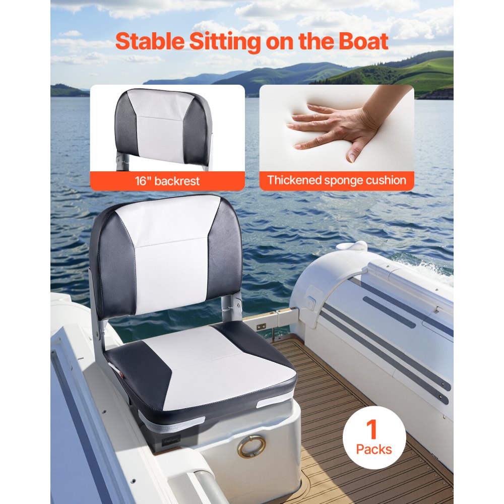 VEVOR Boat Seat, Low Backrest, Folding Fishing Boat Seat with Thickened Sponge Cushion & Waterproof PVC Leather, Aluminum Alloy Hinges, Flip Up Boat Seat for Fishing Boats, Yachts, Ships, Black & Grey