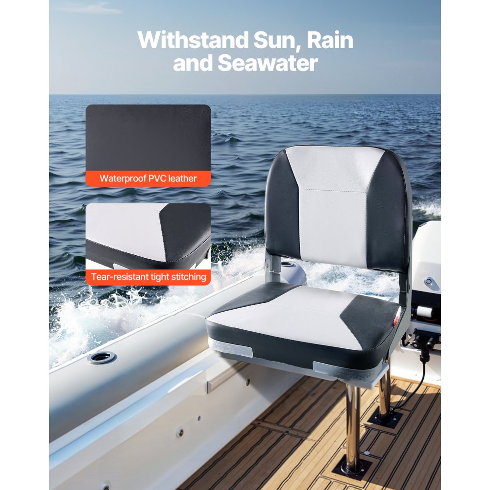 VEVOR Boat Seat, Low Backrest, Folding Fishing Boat Seat with Thickened Sponge Cushion & Waterproof PVC Leather, Aluminum Alloy Hinges, Flip Up Boat Seat for Fishing Boats, Yachts, Ships, Black & Grey