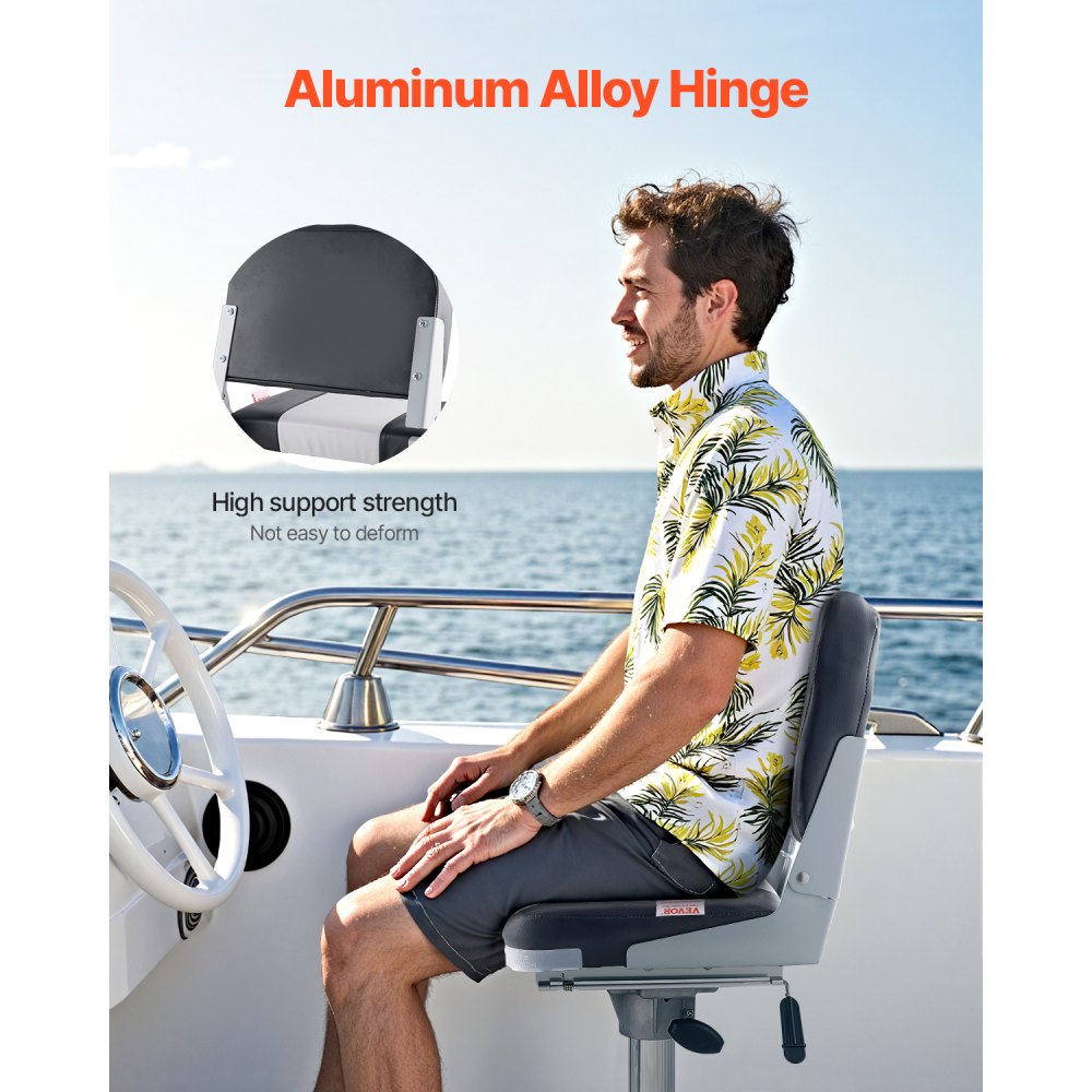 VEVOR Boat Seat, Low Backrest, Folding Fishing Boat Seat with Thickened Sponge Cushion & Waterproof PVC Leather, Aluminum Alloy Hinges, Flip Up Boat Seat for Fishing Boats, Yachts, Ships, Black & Grey