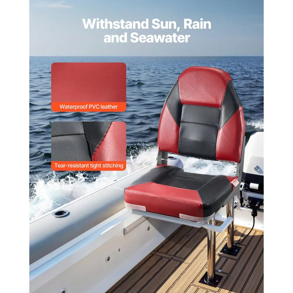 VEVOR Boat Seat, High Backrest, Folding Fishing Boat Seat with Thickened Sponge Cushion & Waterproof PVC Leather, Aluminum Alloy Hinges, Flip Up Boat Seat for Boats, Yachts, Ships, Black & Red