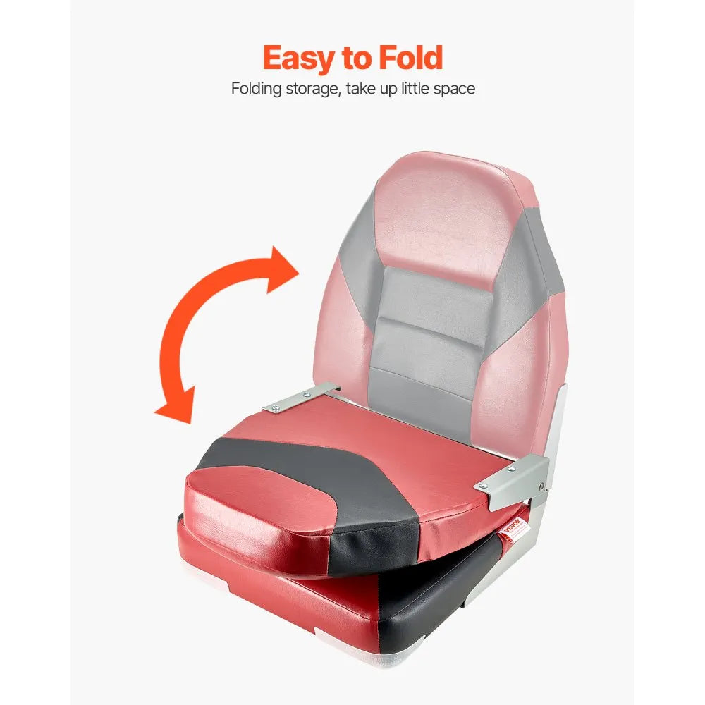 VEVOR Boat Seat, High Backrest, Folding Fishing Boat Seat with Thickened Sponge Cushion & Waterproof PVC Leather, Aluminum Alloy Hinges, Flip Up Boat Seat for Boats, Yachts, Ships, Black & Red