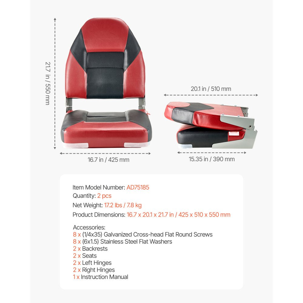 VEVOR Boat Seat, High Backrest, Folding Fishing Boat Seat with Thickened Sponge Cushion & Waterproof PVC Leather, Aluminum Alloy Hinges, Flip Up Boat Seat for Boats, Yachts, Ships, Black & Red
