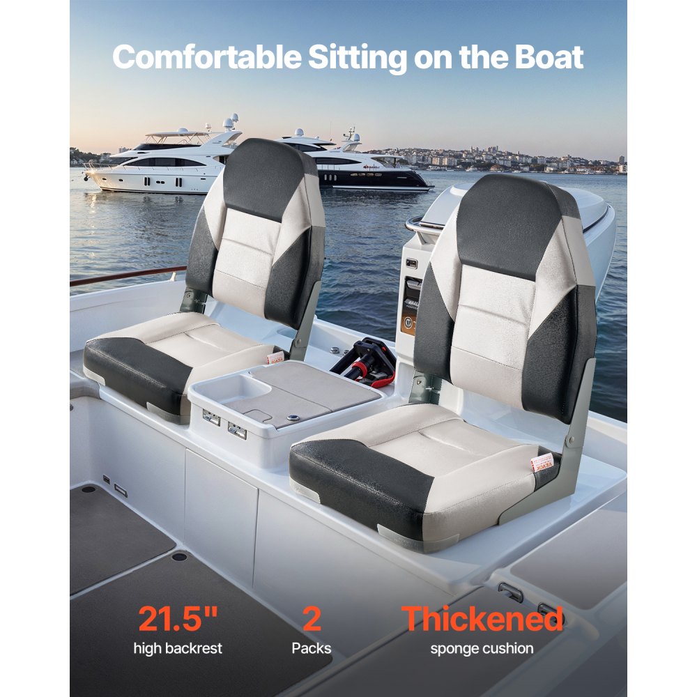 VEVOR Boat Seat, High Backrest, Folding Fishing Boat Seat with Thickened Sponge Cushion & Waterproof PVC Leather, Aluminum Alloy Hinges, Flip Up Boat Seat for Boats, Yachts, Ships, Black & Grey