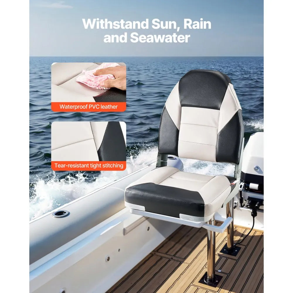 VEVOR Boat Seat, High Backrest, Folding Fishing Boat Seat with Thickened Sponge Cushion & Waterproof PVC Leather, Aluminum Alloy Hinges, Flip Up Boat Seat for Boats, Yachts, Ships, Black & Grey