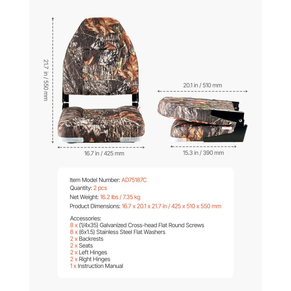 VEVOR Boat Seat, High Backrest, Folding Fishing Boat Seat with Thickened Sponge Cushion & PU Polyester Fabric, Aluminum Alloy Hinges, Flip Up Boat Seat for Boats, Yachts, Ships, Camouflage (2 Seats)