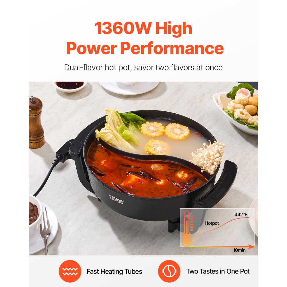 VEVOR Electric Hot Pot, 1360W 5 L Double-flavor Shabu Shabu Pot, Non-Stick Electric Cooker with Divider, Clear Glass Lid, Temperature control, Chinese Hotpot for 6-10 People Family Dinning & Party