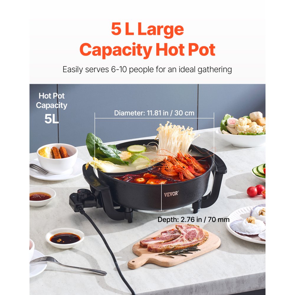 VEVOR Electric Hot Pot, 1360W 5 L Double-flavor Shabu Shabu Pot, Non-Stick Electric Cooker with Divider, Clear Glass Lid, Temperature control, Chinese Hotpot for 6-10 People Family Dinning & Party