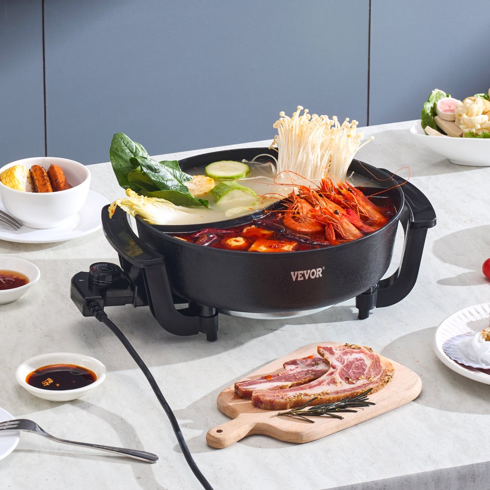 VEVOR Electric Hot Pot, 1360W 5 L Double-flavor Shabu Shabu Pot, Non-Stick Electric Cooker with Divider, Clear Glass Lid, Temperature control, Chinese Hotpot for 6-10 People Family Dinning & Party
