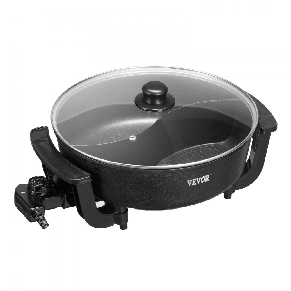 VEVOR Electric Hot Pot, 1360W 5 L Double-flavor Shabu Shabu Pot, Non-Stick Electric Cooker with Divider, Clear Glass Lid, Temperature control, Chinese Hotpot for 6-10 People Family Dinning & Party