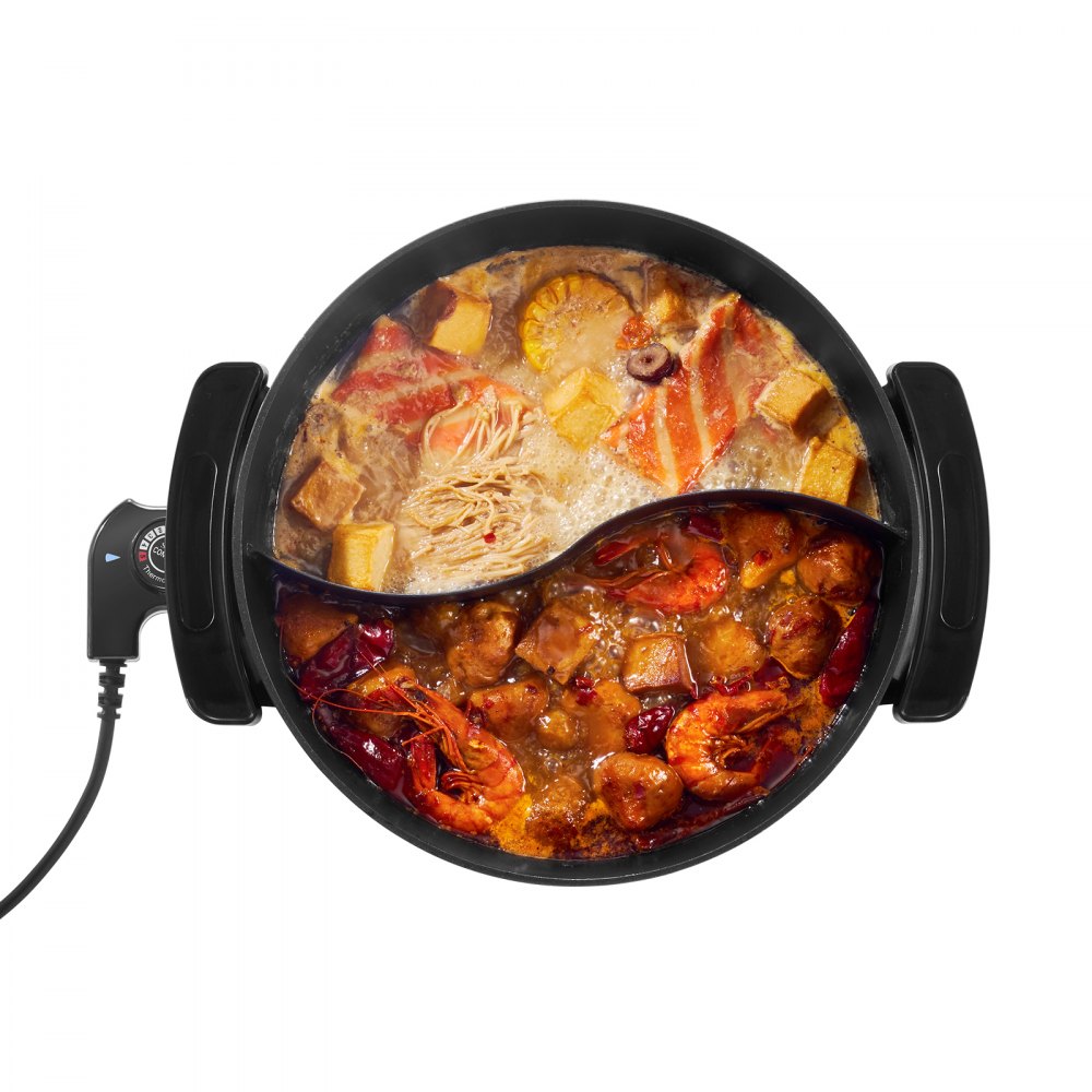 VEVOR Electric Hot Pot, 1360W 5 L Double-flavor Shabu Shabu Pot, Non-Stick Electric Cooker with Divider, Clear Glass Lid, Temperature control, Chinese Hotpot for 6-10 People Family Dinning & Party