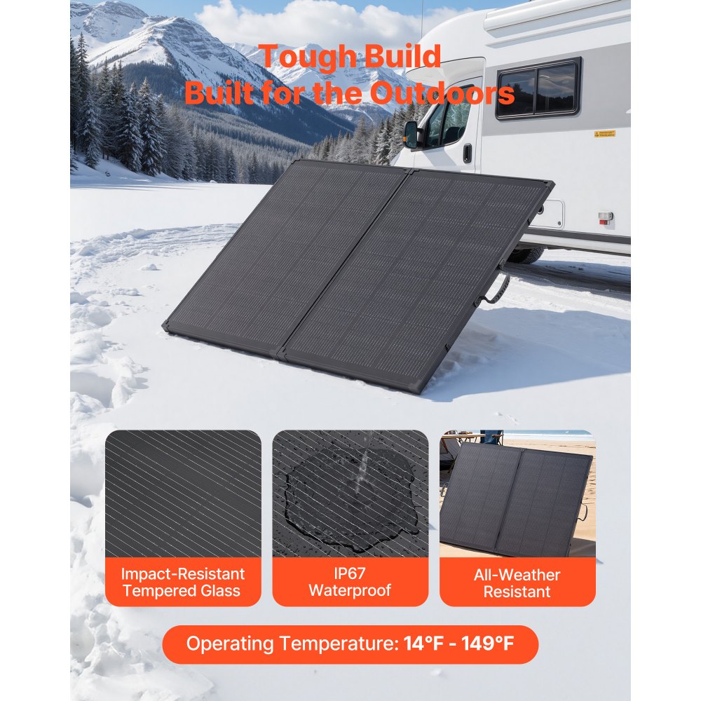 VEVOR 200W Foldable Solar Panel with Frame, 23% High-Efficiency Portable Monocrystalline Solar Panel Charger with 30A PWM Controller & MC4 Output, IP67 Waterproof for Camping, Hiking, RV Trips