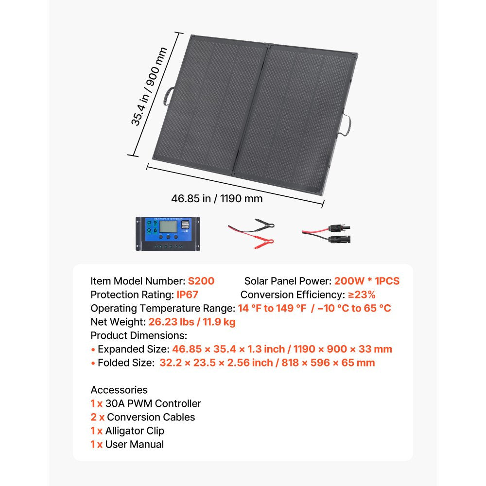 VEVOR 200W Foldable Solar Panel with Frame, 23% High-Efficiency Portable Monocrystalline Solar Panel Charger with 30A PWM Controller & MC4 Output, IP67 Waterproof for Camping, Hiking, RV Trips