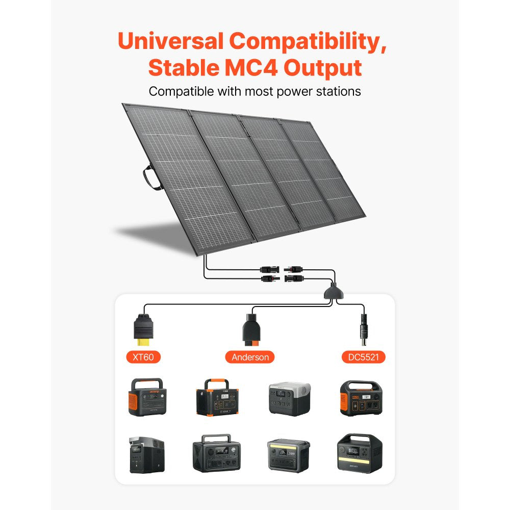 VEVOR 400W Foldable Solar Panel with Frame, 16BB N-Type Monocrystalline Solar Panel Charger 24% Efficiency, IP67 Waterproof with MC4 Output & 10-in-1 DC Adapter for Power Stations Camping Hiking Trips