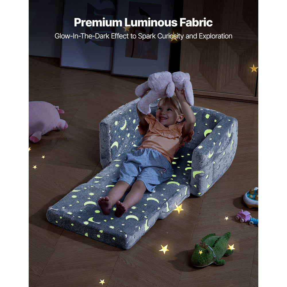 VEVOR 2-in-1 Kids Sofa, Foldable Toddler Soft Couch with Armrests, Glow in the Dark Kids Couch Fold Out with 28D Sponge & Flannel, Convertible Toddler Chair to Lounger for Reading and Gaming, M, Gray