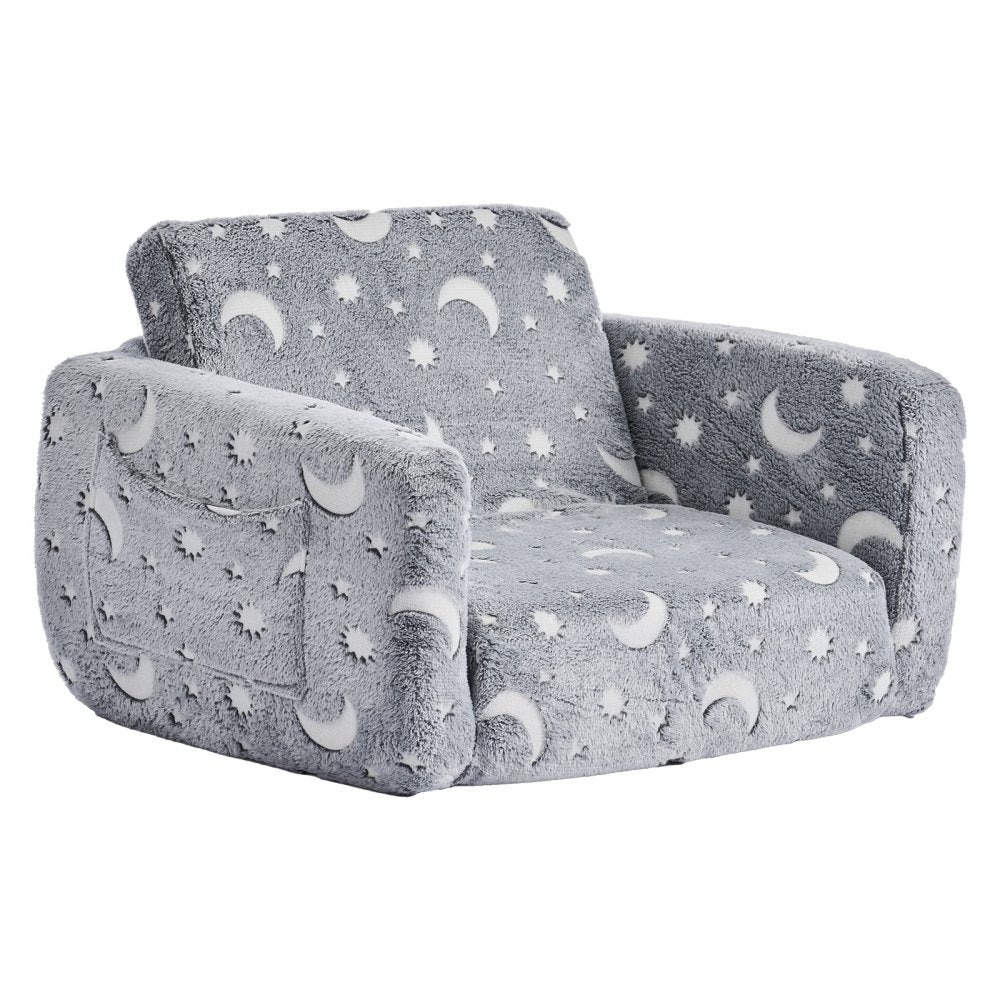 VEVOR 2-in-1 Kids Sofa, Foldable Toddler Soft Couch with Armrests, Glow in the Dark Kids Couch Fold Out with 28D Sponge & Flannel, Convertible Toddler Chair to Lounger for Reading and Gaming, M, Gray