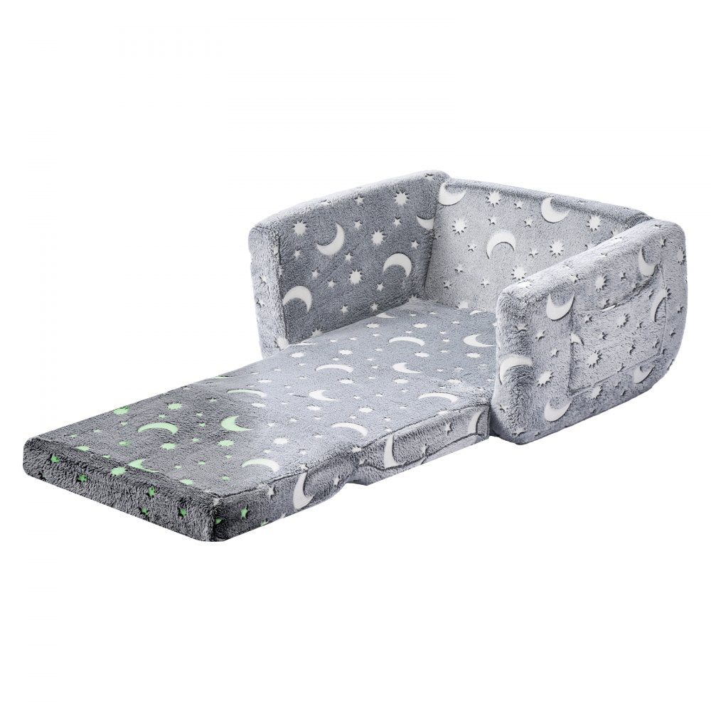 VEVOR 2-in-1 Kids Sofa, Foldable Toddler Soft Couch with Armrests, Glow in the Dark Kids Couch Fold Out with 28D Sponge & Flannel, Convertible Toddler Chair to Lounger for Reading and Gaming, M, Gray