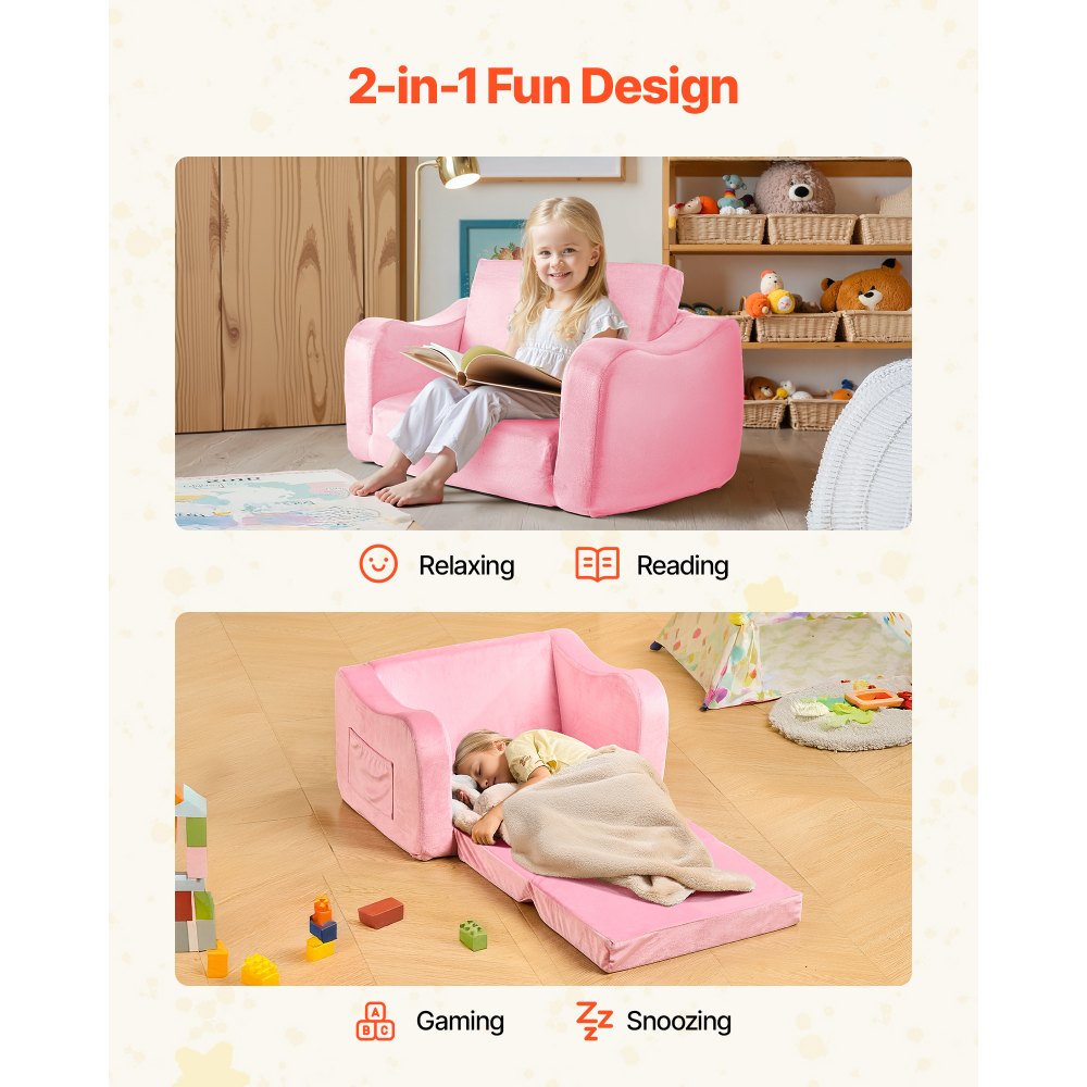 VEVOR 2-in-1 Kids Sofa, Foldable Toddler Soft Couch with Armrests, Made of 28D Sponge & Short Pile, Convertible Toddler Chair to Lounger, Kid Couch Fold Out for Fun Playtime or Comfy Lounging, M, Pink