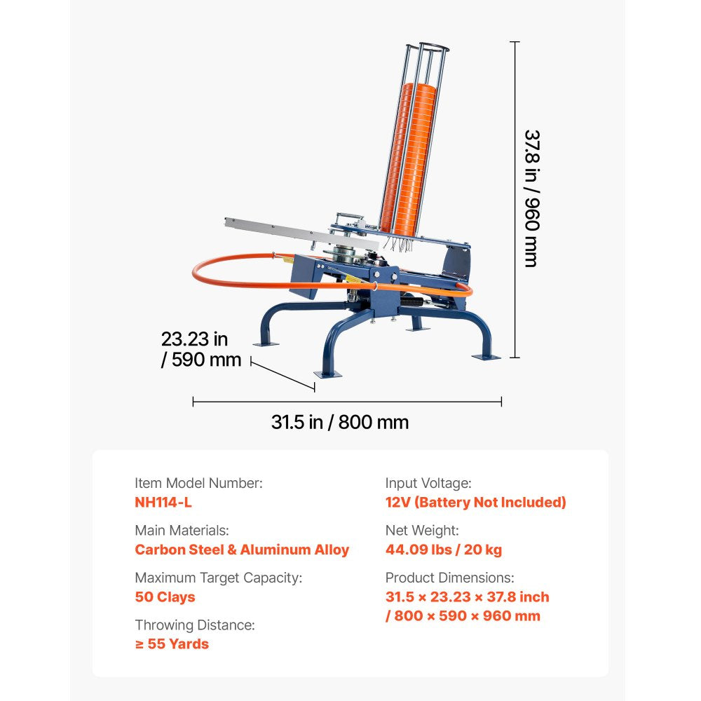 VEVOR Clay Target Thrower dimensions and key specs graphic (31.5 x 23.23 x 37.8 in)