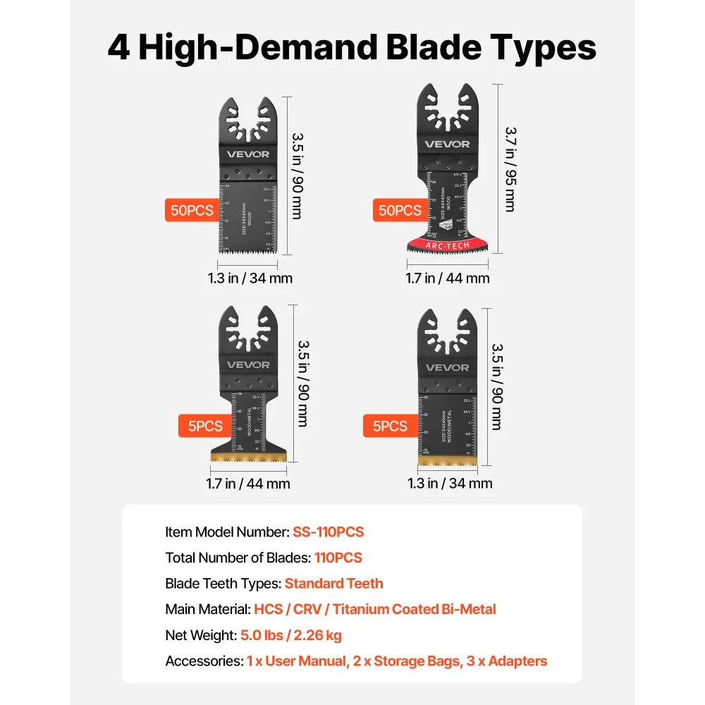 VEVOR 110PCS Oscillating Saw Blades, Universal Quick Release Multi Tool Blades Kits, 4 Types Oscillating Multitool Blades for Wood Plastic Metal, Compatible with Dewalt Ryobi Milwaukee Bosch Craftsman