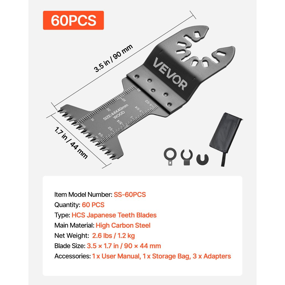 VEVOR 60PCS Oscillating Saw Blades Japanese Teeth, Universal Quick Release Oscillating Multi Tool Blades, Multitool Tool Blades for Wood Plastic PVC, Compatible with Dewalt Milwaukee Bosch Craftsman