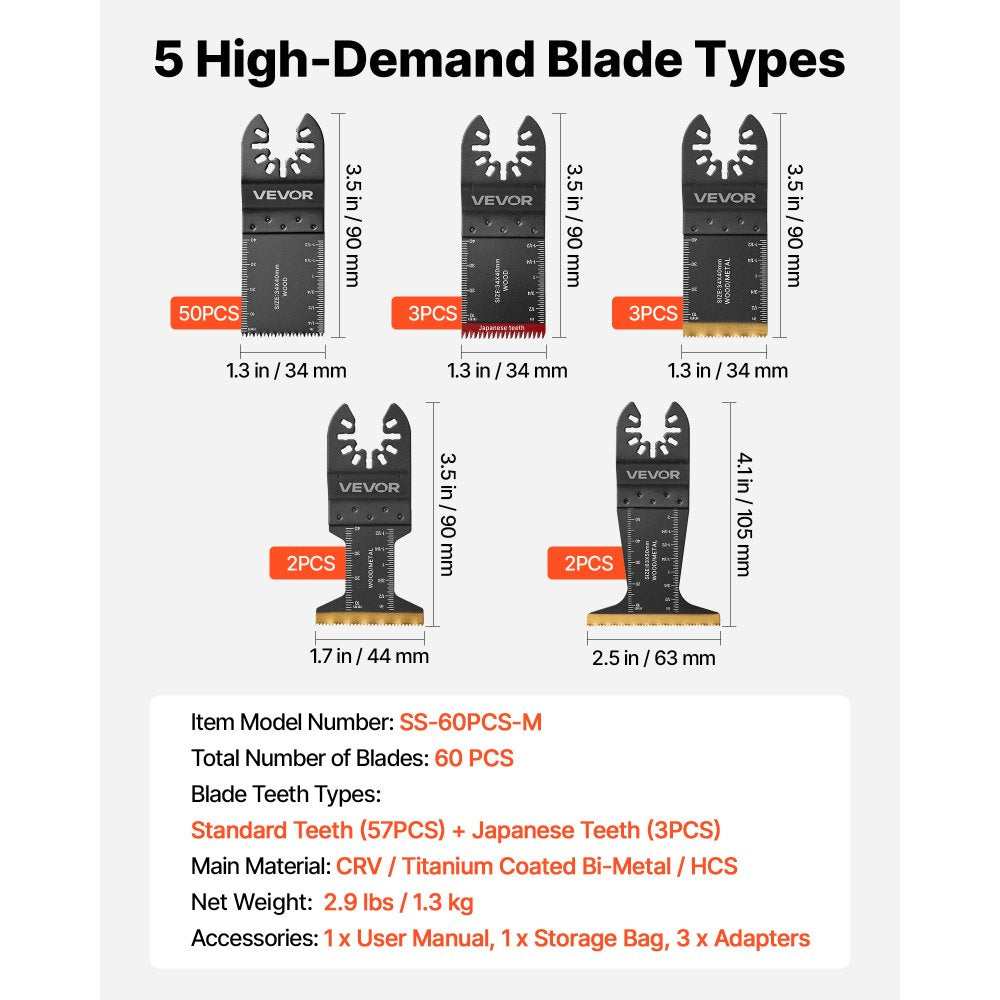 VEVOR 60PCS Oscillating Saw Blades, Universal Quick Release Multi Tool Blades Kits, 5 Types Oscillating Multitool Blades for Wood Plastic Metal, Compatible with Dewalt Ryobi Milwaukee Bosch Craftsman