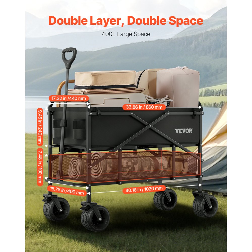 VEVOR Double Decker Wagon Collapsible, 400L Heavy Duty Folding Wagon Cart, Extended Long Garden Cart with All-Terrain Wheels, Support Up to 450lbs, Outdoor Utility Wagon for Camping, Sports, Shopping