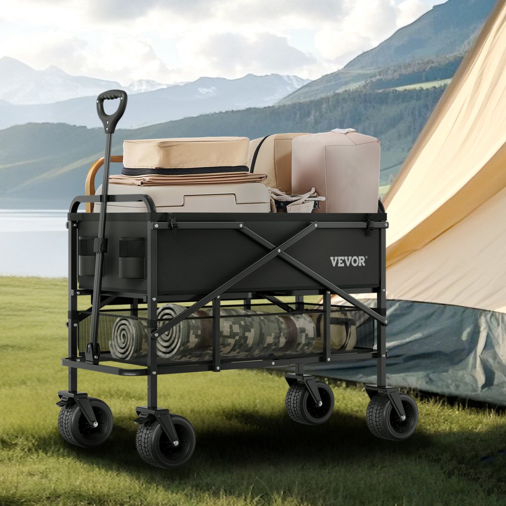 VEVOR Double Decker Wagon Collapsible, 400L Heavy Duty Folding Wagon Cart, Extended Long Garden Cart with All-Terrain Wheels, Support Up to 450lbs, Outdoor Utility Wagon for Camping, Sports, Shopping