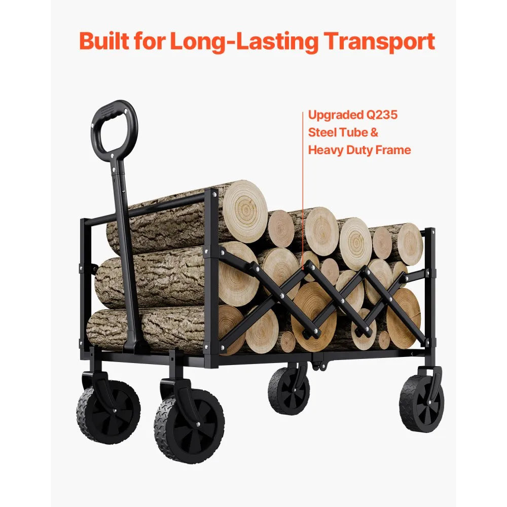VEVOR Collapsible Wagon Carts, 120L & 225LBS Folding Wagons with All-Terrain Wheels, Heavy Duty Outdoor Utility Cart with Adjustable Handle, Portable Camping Cart for Beach Grocery Garden Black