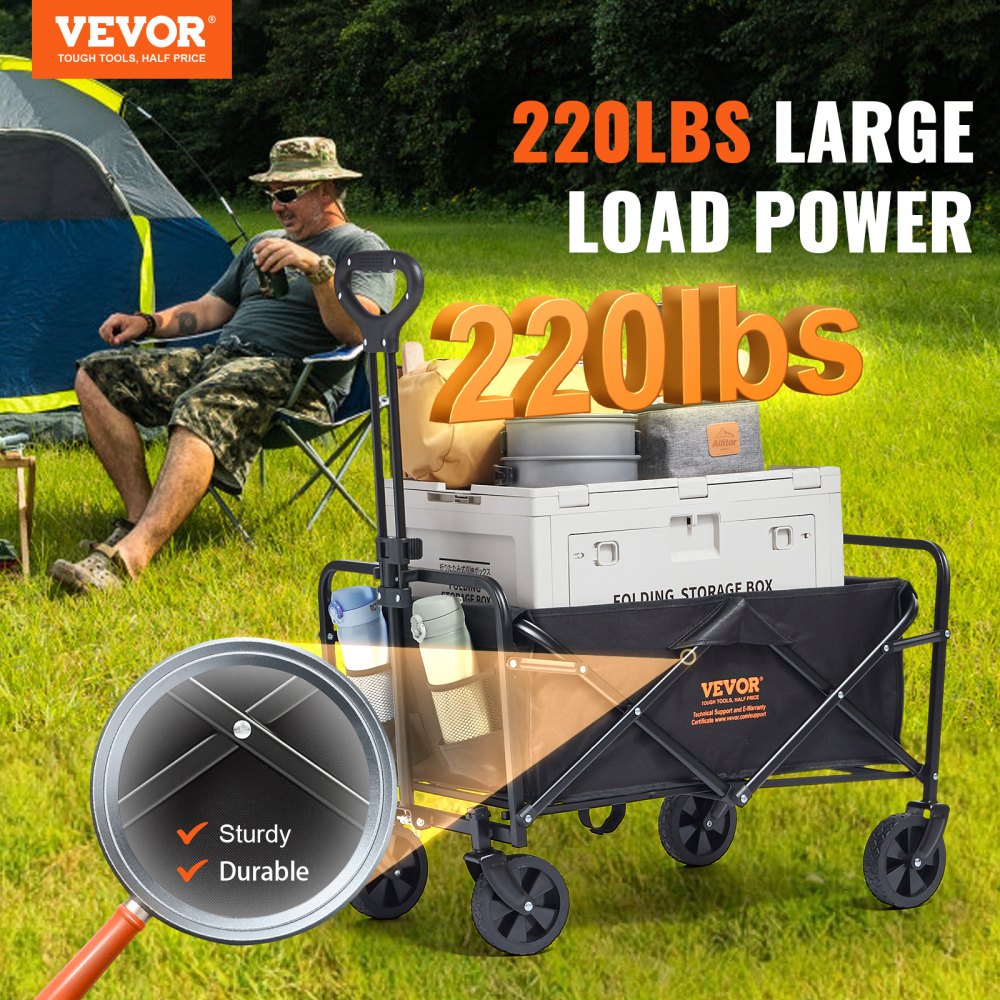 VEVOR Collapsible Folding Wagon, 2 cu.ft Grass Wagon Cart with All-Terrain 5in Wheels, Heavy Duty Folding Wagon Cart 220 lbs Weight Capacity with Drink Holders, Wagon for Camping, Shopping, Garden