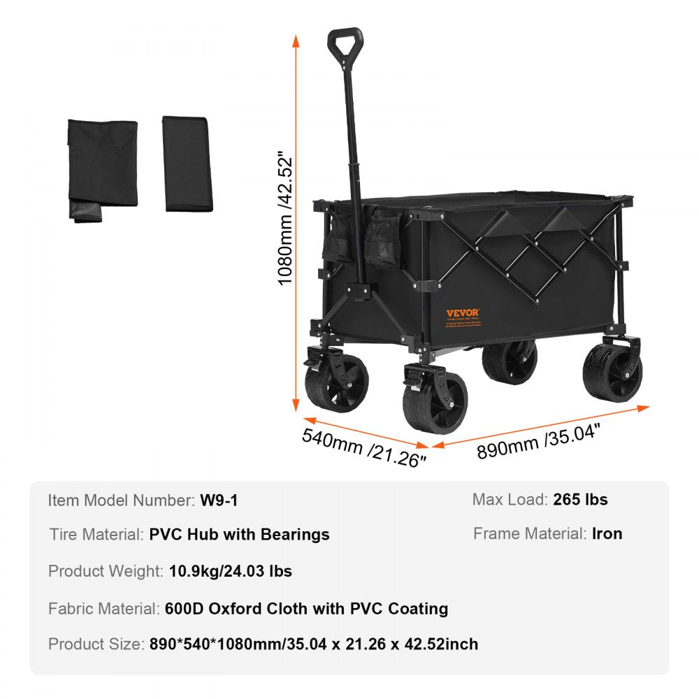 VEVOR Collapsible Folding Wagon, 150 L Beach Wagon Cart with All-Terrain Wheels, Heavy Duty Folding Wagon Cart Max 265 lbs with Drink Holders, Sports Wagon for Camping, Shopping, Garden