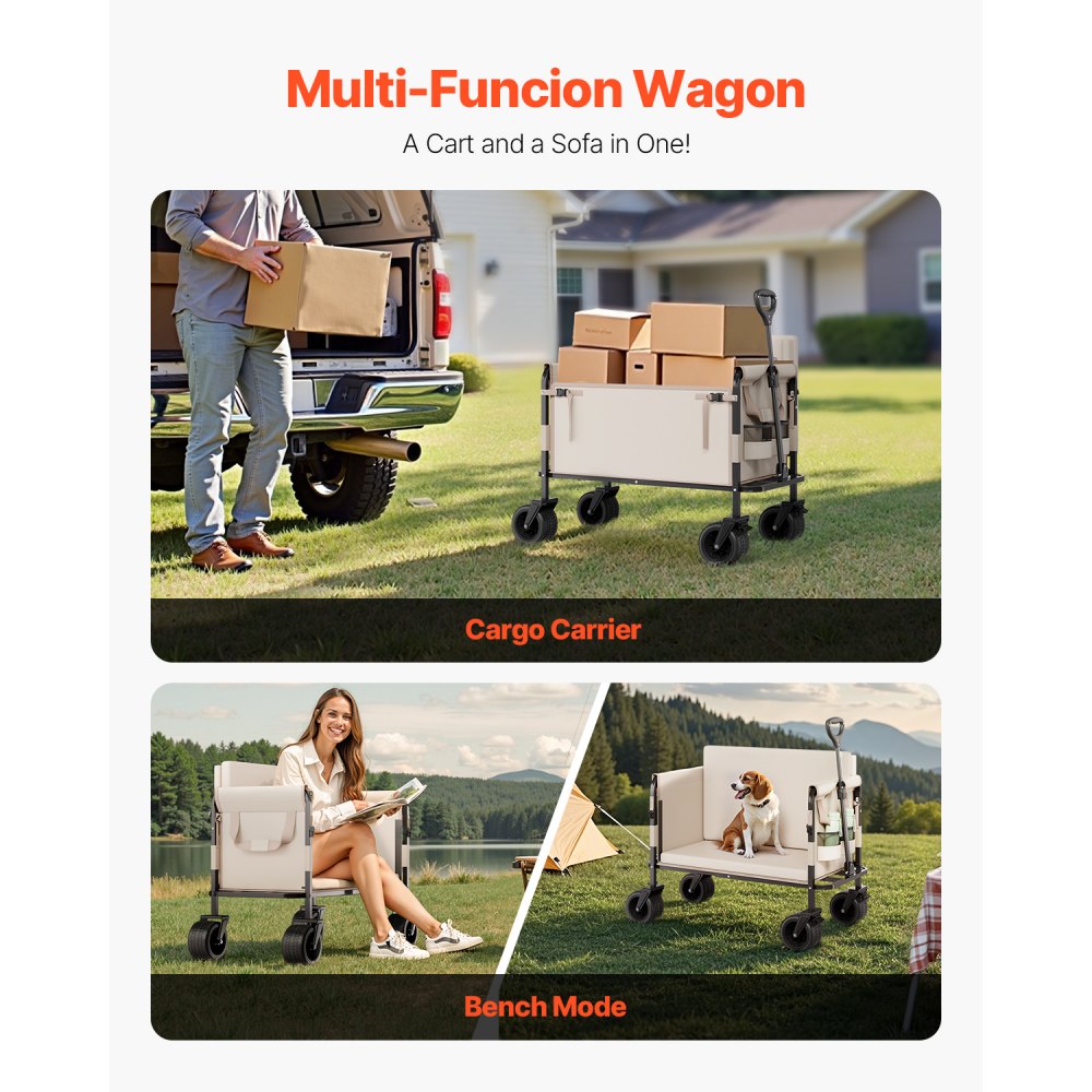 VEVOR Collapsible Folding Wagon, 550lb Load & 220L, 2 in 1 Foldable Wagon Cart Converts to Bench, Utility Wagon with Adjustable Handle, Outdoor Cart for Groceries Shopping, Camping, Gardening