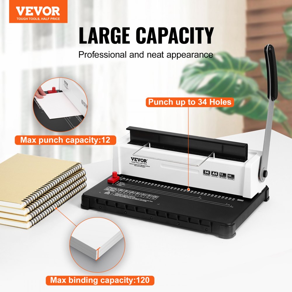 VEVOR Coil Spiral Binding Machine, Manual Book Maker 34-Holes Binding 120 Sheets, Punch Binder Adjustable 3/16" - 9/16" Coil Binding Spines, for Letter Size, A4, A5