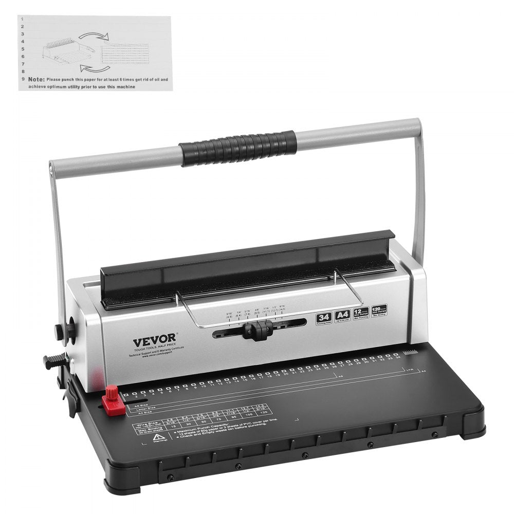 VEVOR Coil Spiral Binding Machine, Manual Book Maker 34-Holes Binding 120 Sheets, Punch Binder with Adjustable 3/16" - 9/16" Coil Binding Spines and Side Margin, for Letter Size, A4, A5